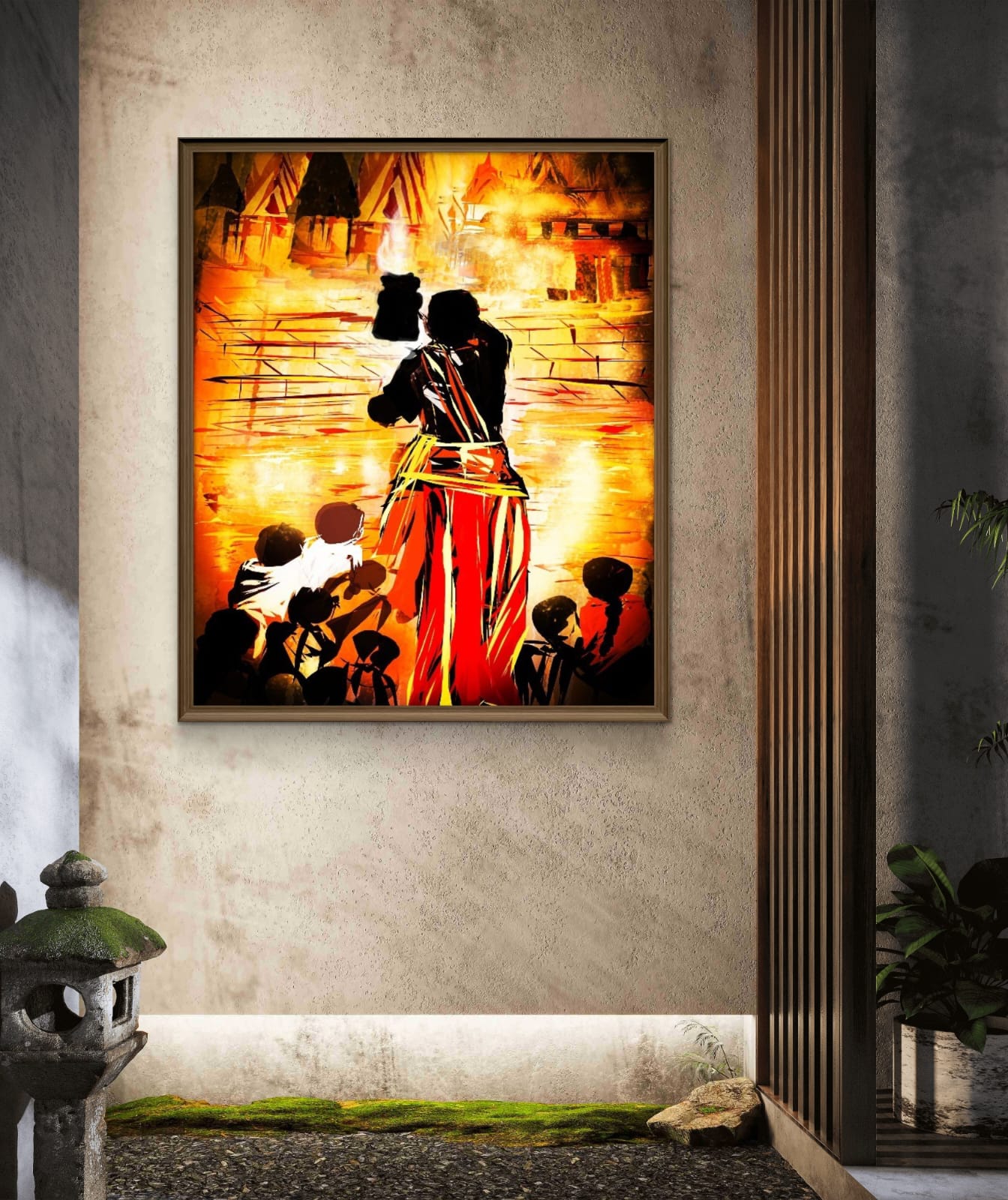 anaras Ghat Ganga Aarti Painting fine art print on cotton canvas, signed by artist, framed or unframed Indian spiritual wall décor.