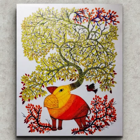 Gond Elephant Tree Guardian painting with elephant trunk forming a tree in colorful Gond tribal style.