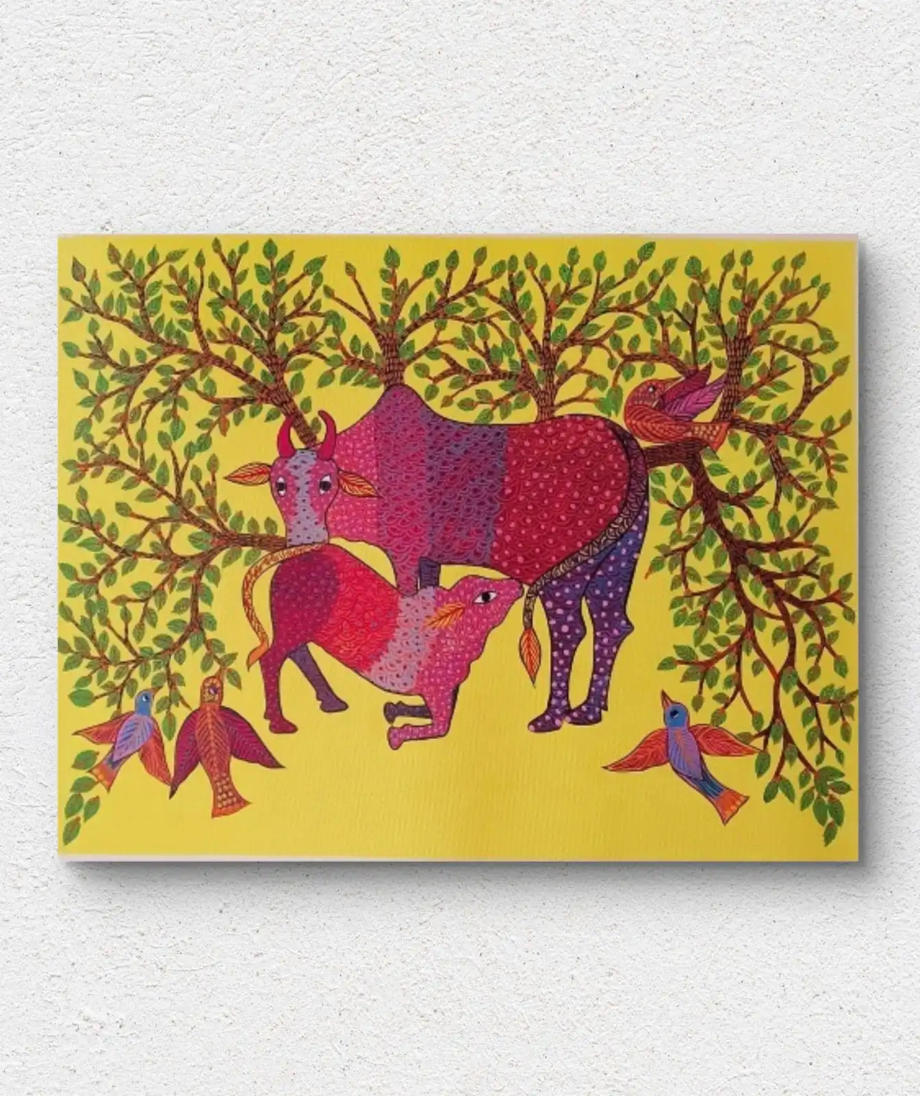 Gond Motherly Bond painting of a cow and calf with birds under a leafy tree in traditional Gond art style.