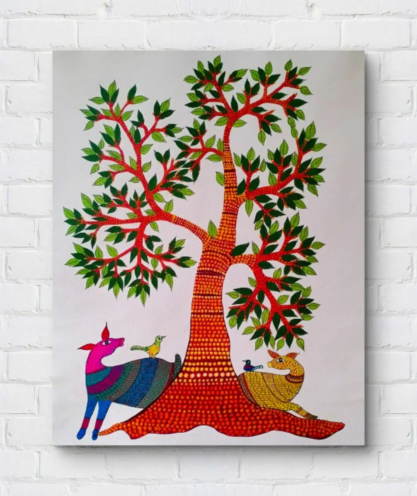 Gond Wild Companions painting showing animals with colorful tribal patterns in traditional Gond folk art style.