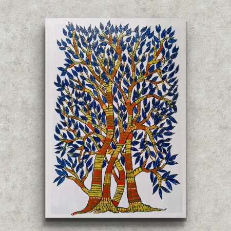 Sacred Gond tree life painting with intertwined trees and blue leaves in traditional tribal folk art style.