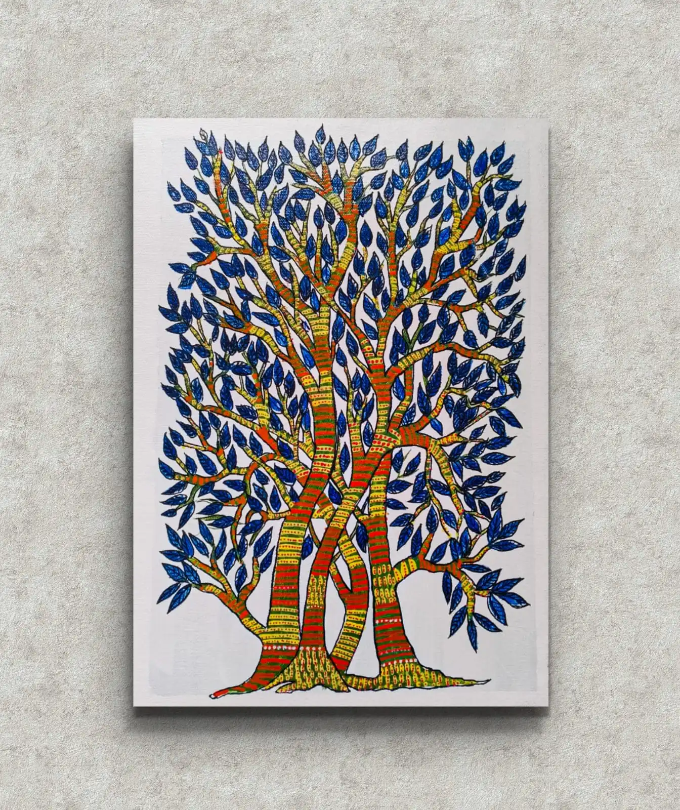 Sacred Gond tree life painting with intertwined trees and blue leaves in traditional tribal folk art style.