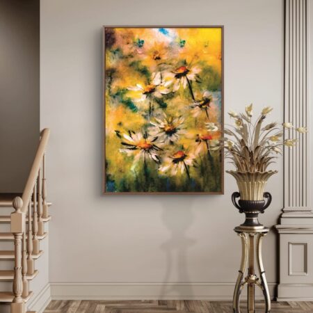 Sunlit Dahlia painting floral acrylic fine art print on cotton canvas by artist Sabiha Hasan Sumbul.