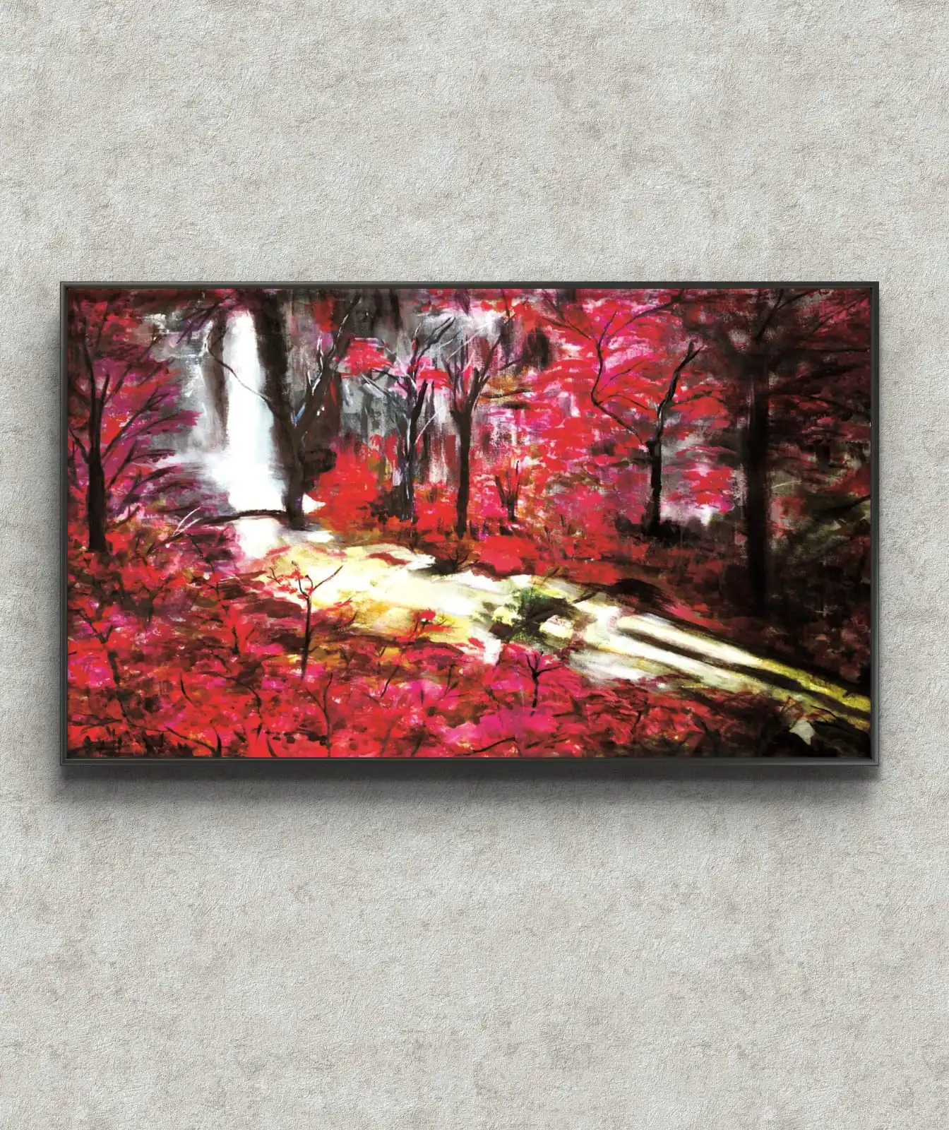 Waterfall in the Forest pink acrylic landscape painting fine art print by artist