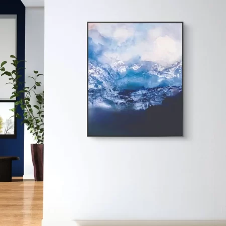 Winter Valley landscape painting featuring serene snow-covered valley in soft blue and neutral tones.