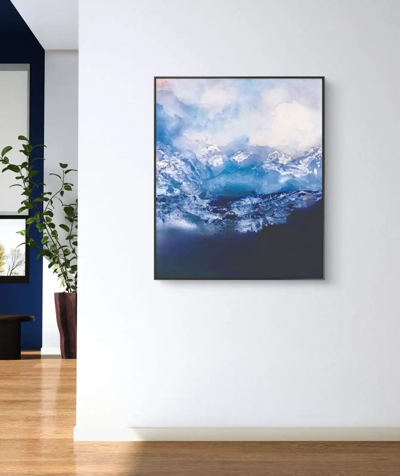 Winter Valley landscape painting featuring serene snow-covered valley in soft blue and neutral tones.