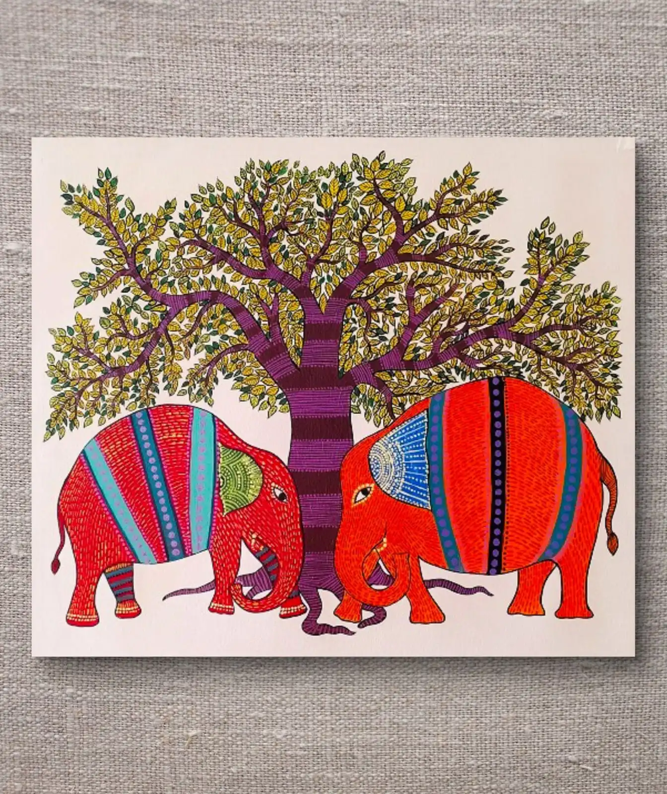 Gond Elephant Harmony painting of two elephants under a tree in traditional Gond tribal art style.
