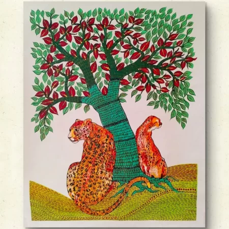 Gond Leopard Harmony painting showing two leopards under a tree in traditional Gond tribal art style.