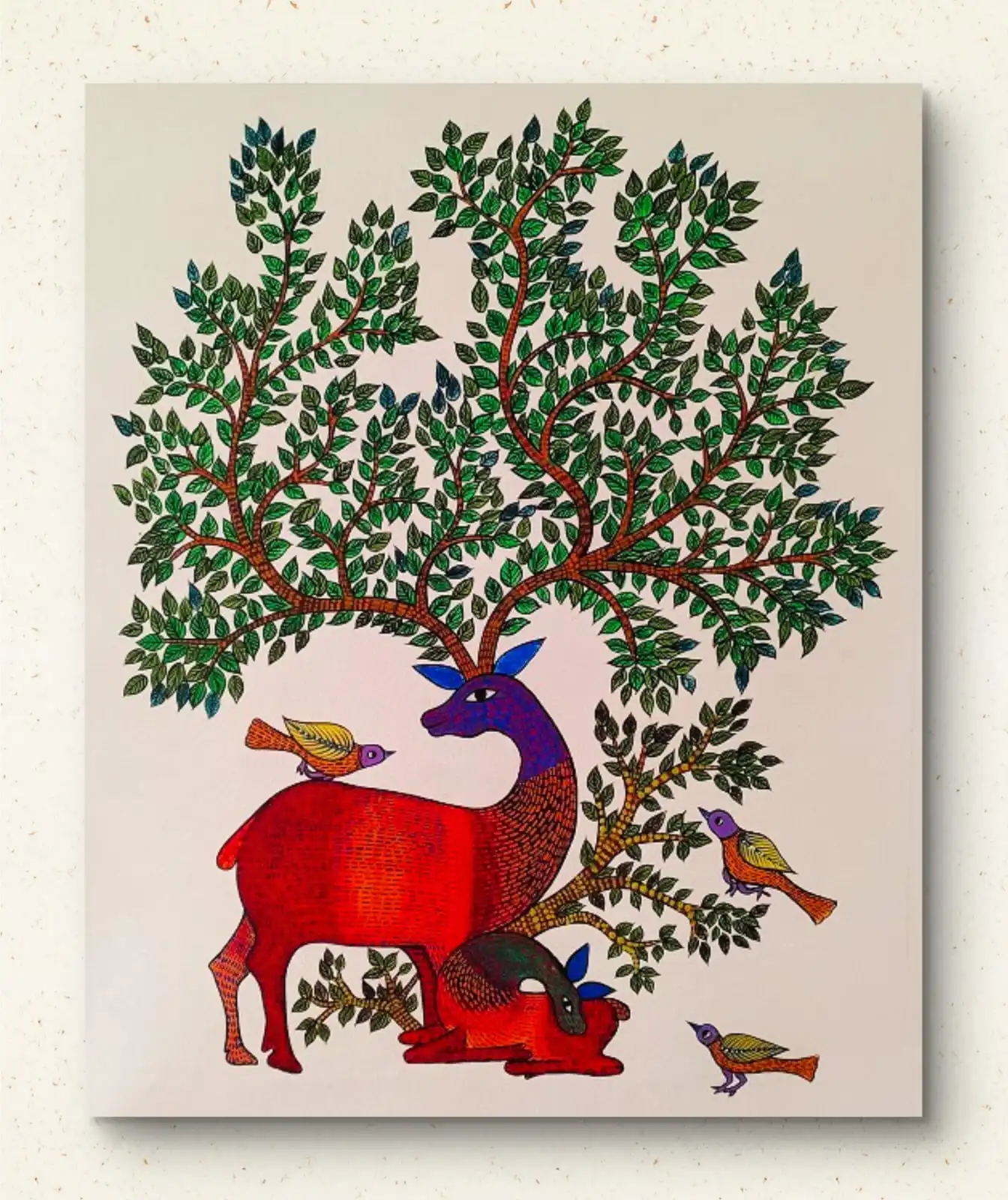 Gond Nature Companions painting showing a deer and birds under a tree in traditional Gond tribal art style.