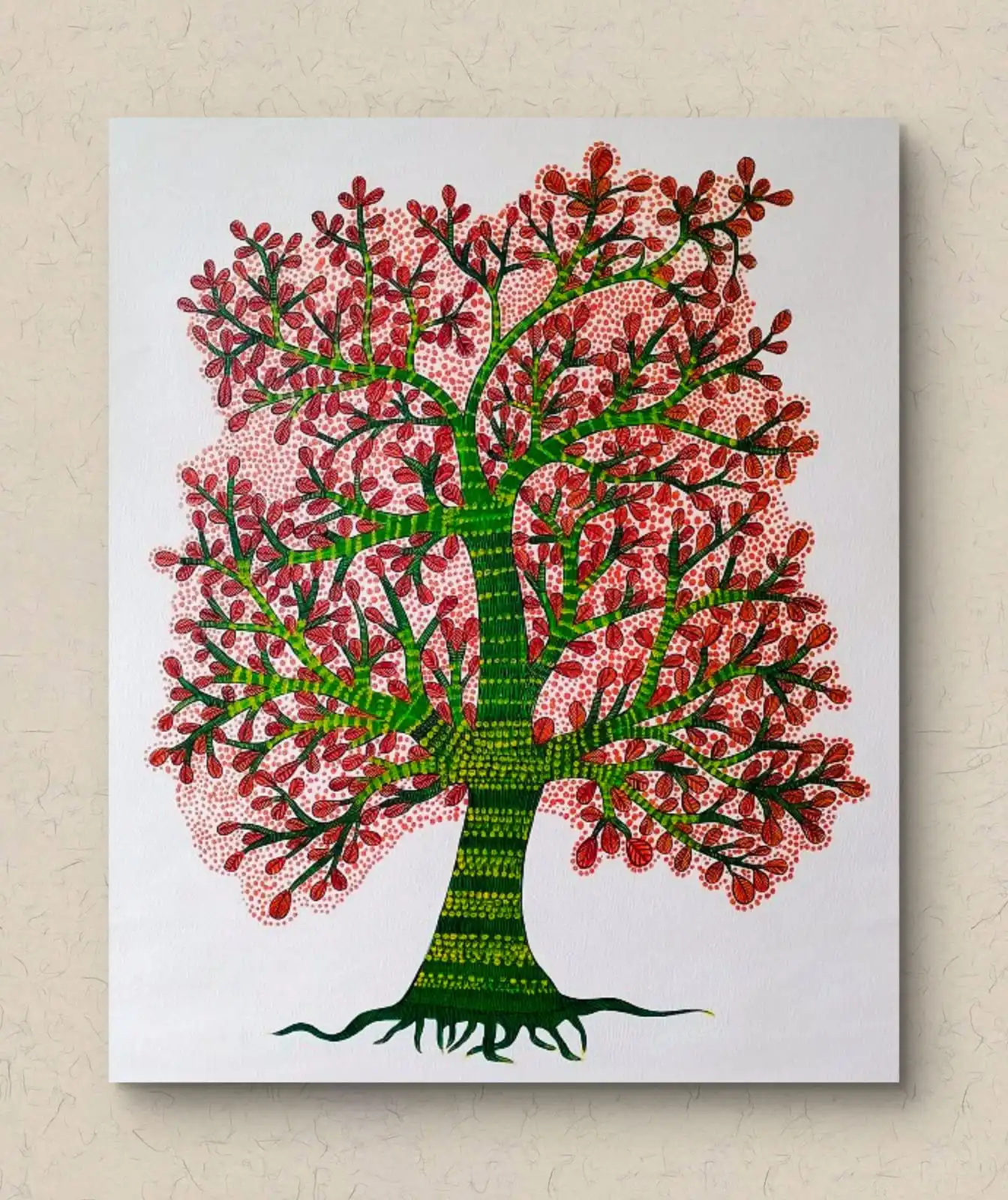 Gond Nature Guardian painting showing a colorful tree with detailed tribal patterns in traditional Gond art style.