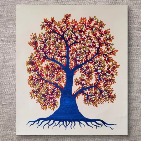 Gond Tree of Life painting with colorful leaves and intricate tribal patterns in traditional Indian folk art style