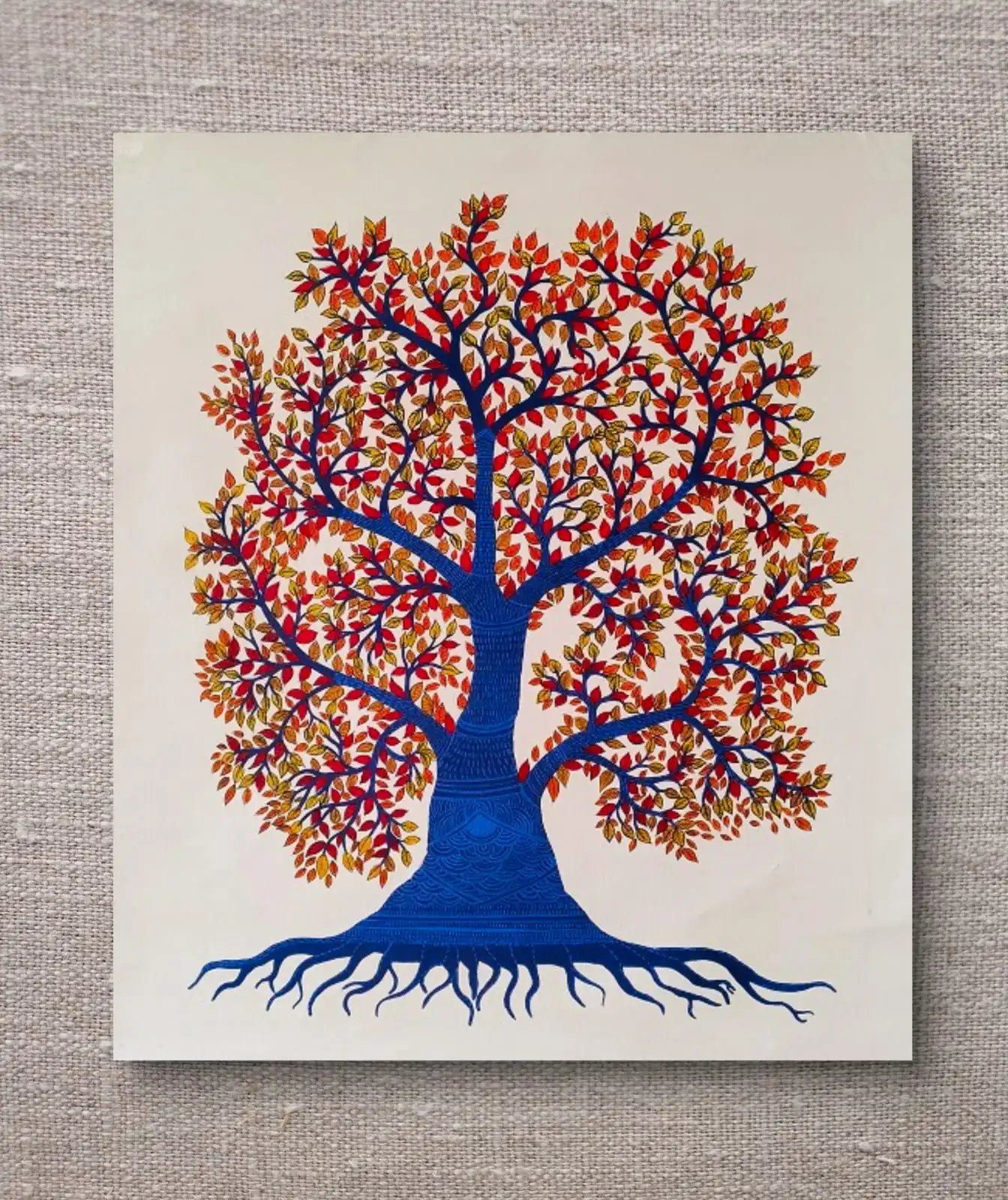Gond Tree of Life painting with colorful leaves and intricate tribal patterns in traditional Indian folk art style