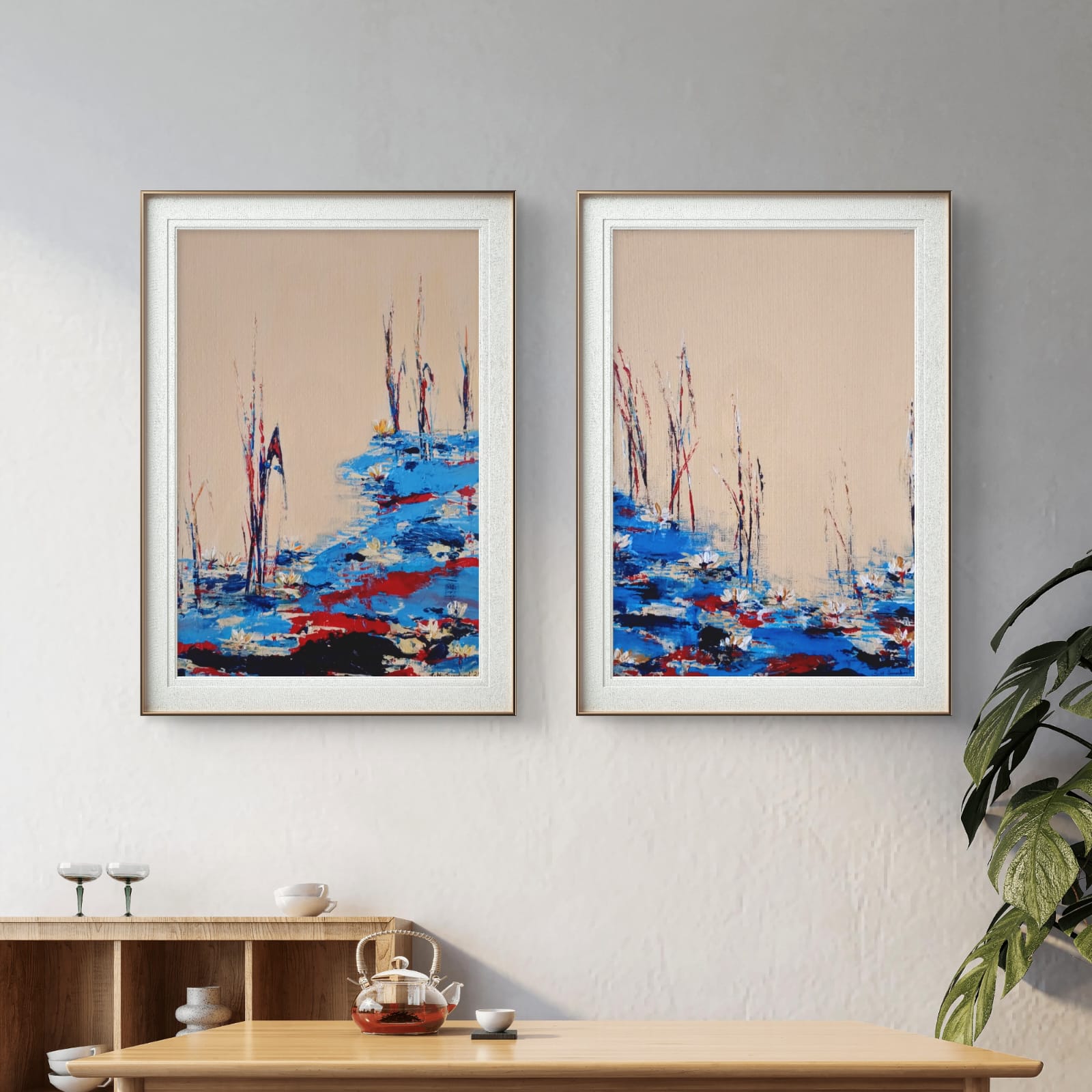 Lotus Rising in Blue textured palette knife landscape painting set of 2 with red lotus flowers framed artwork