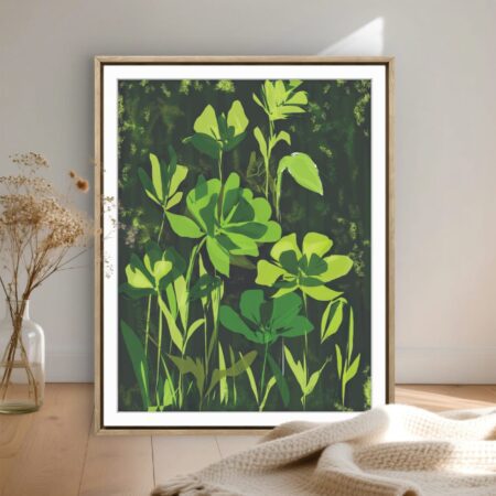 Abstract Green Foliage Painting fine art print on cotton canvas, signed by artist, available in framed, gallery wrap, and unframed options.