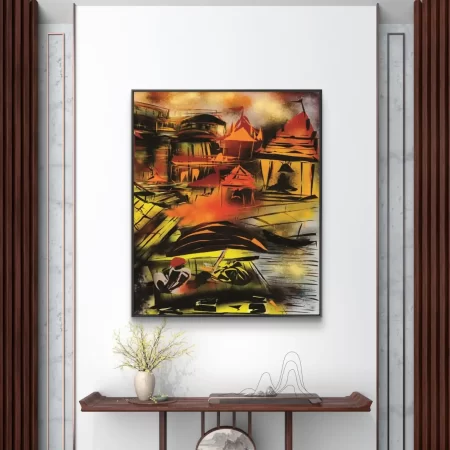 Banaras Ghat Ritual Canopy digital artwork showing priest under canopy at Varanasi riverfront.