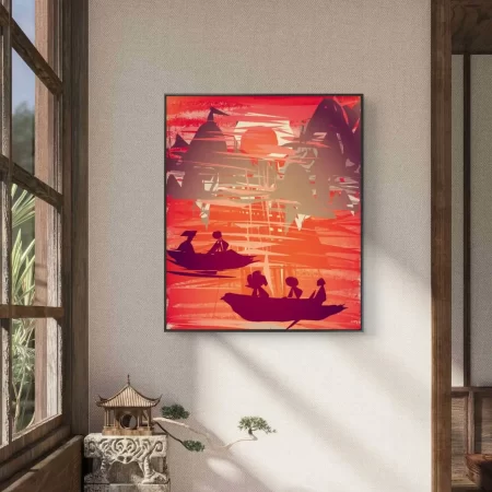 Banaras Ghat Sunset Boats digital artwork showing boats on river with warm sunset sky.