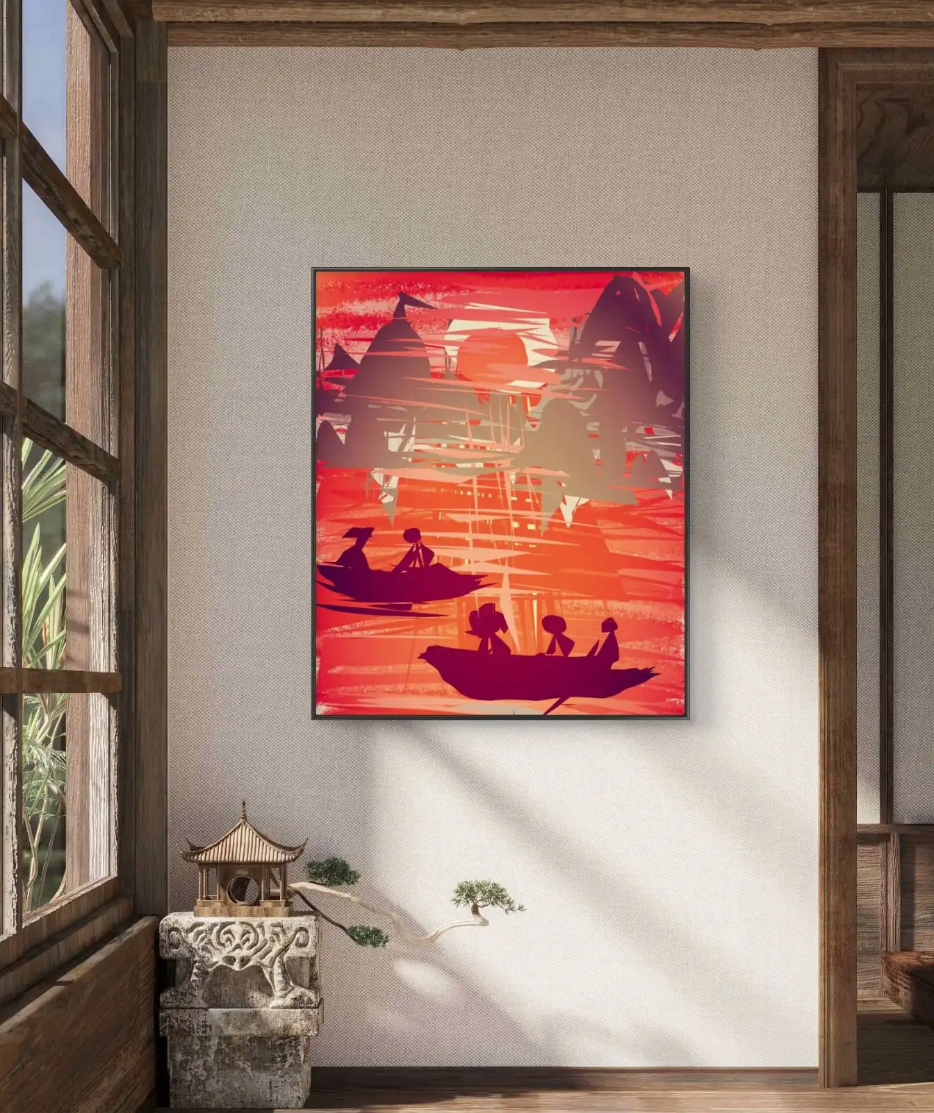 Banaras Ghat Sunset Boats digital artwork showing boats on river with warm sunset sky.