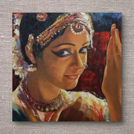 Bharatanatyam VII Oil Painting 20x20 close up Indian classical dancer portrait with red textured background