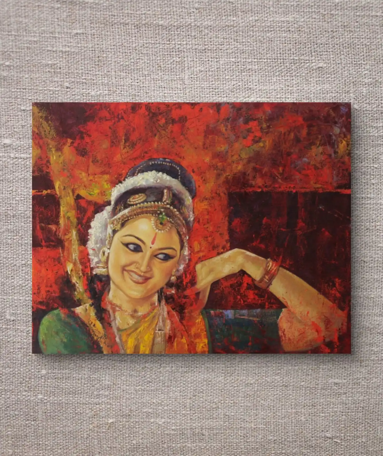 Bharatanatyam V Oil Painting by Ashish Mondal showing Indian classical dancer on red textured background
