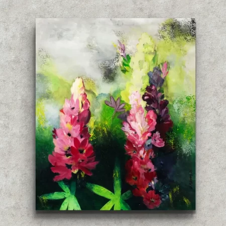 Bloom Together in Harmony floral garden painting with pink blooming flowers and green leaves.