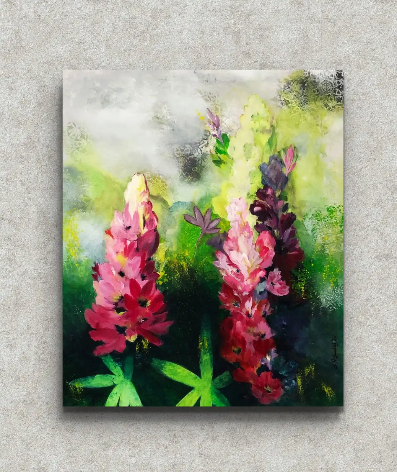 Bloom Together in Harmony floral garden painting with pink blooming flowers and green leaves.