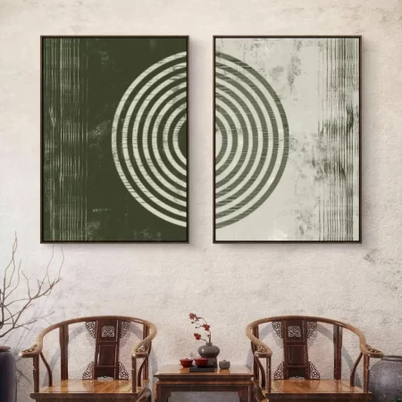 Bohemian Orbit wall art handmade boho two panel painting in earthy tones forming circular design.