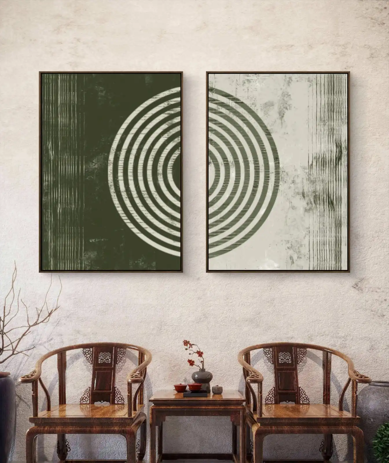 Bohemian Orbit wall art handmade boho two panel painting in earthy tones forming circular design.