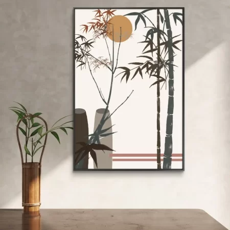 Boho bamboo wall art with warm sun backdrop and earthy neutral tones background.