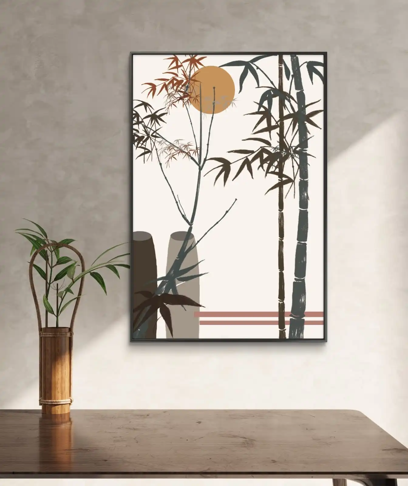 Boho bamboo wall art with warm sun backdrop and earthy neutral tones background.