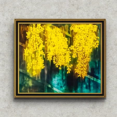 Golden Cassia Flower Painting original acrylic artwork with vibrant yellow cascading blossoms on a deep green background.