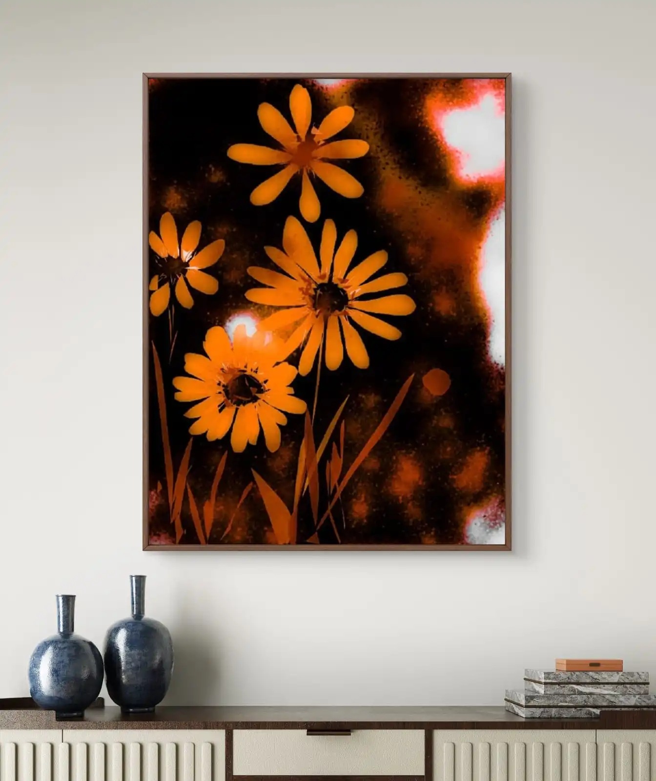 Orange Daisy in Night wall art – modern abstract floral acrylic painting fine art print on cotton canvas, signed by artist