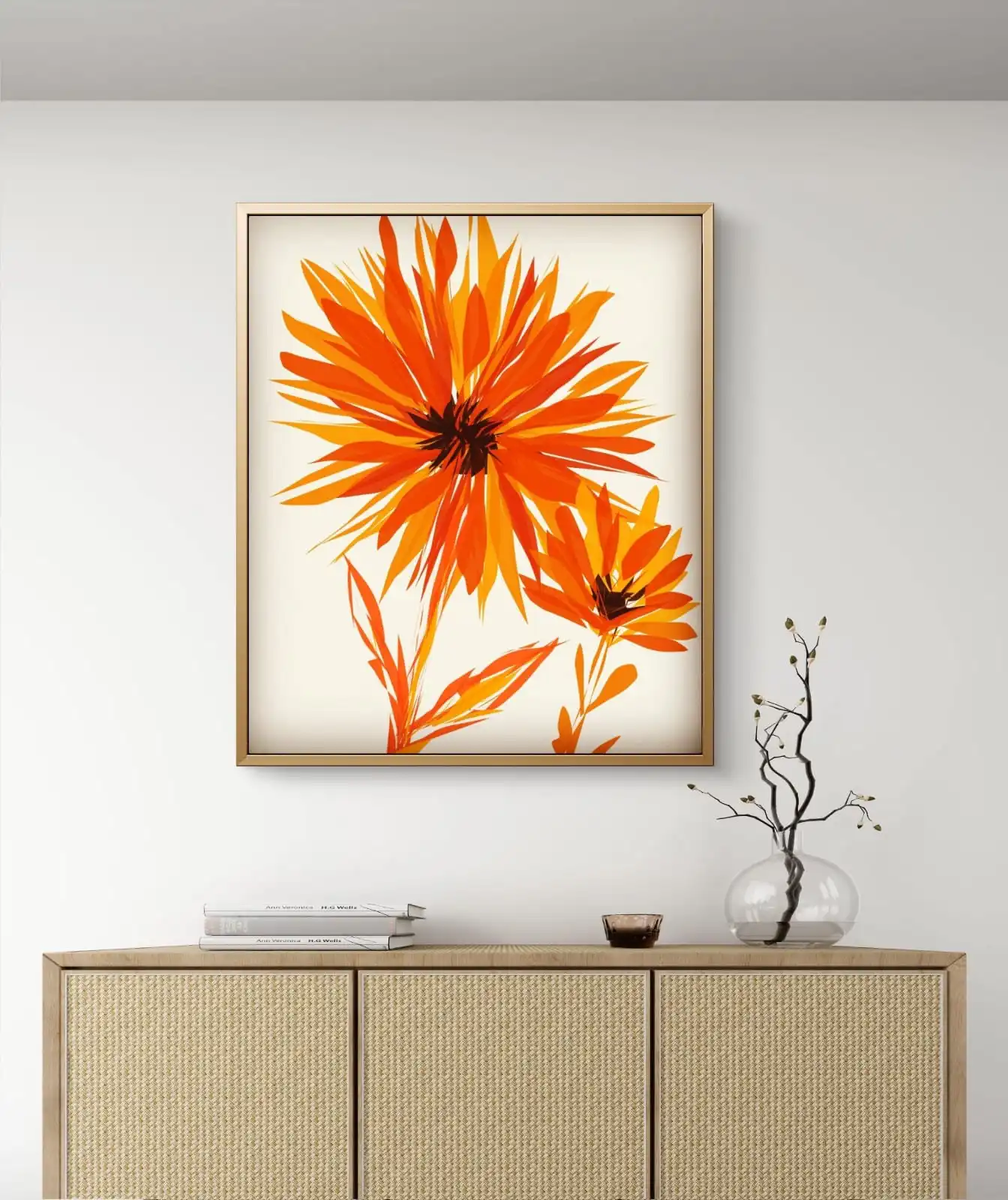 Luminous Dandelion Canvas Print – abstract digital painting of a single dandelion flower on off-white background, printed on premium cotton canvas, signed by artist