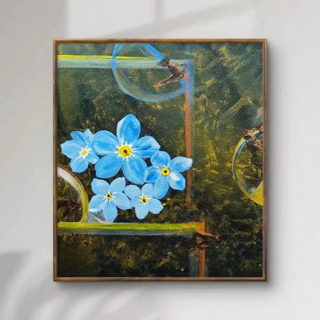 Blue floral painting on textured green background – Sky Bloom Harmony canvas art