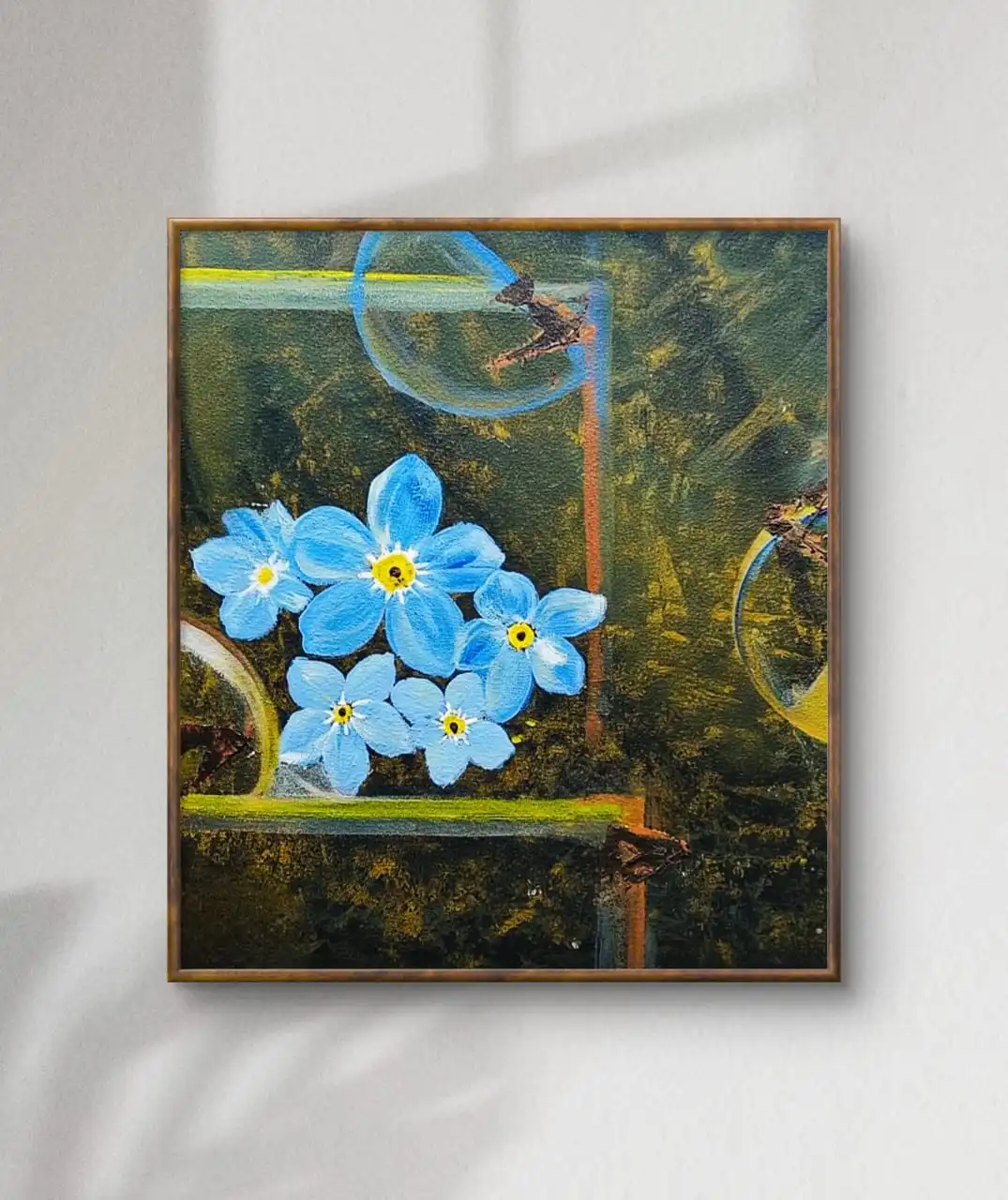 Blue floral painting on textured green background – Sky Bloom Harmony canvas art