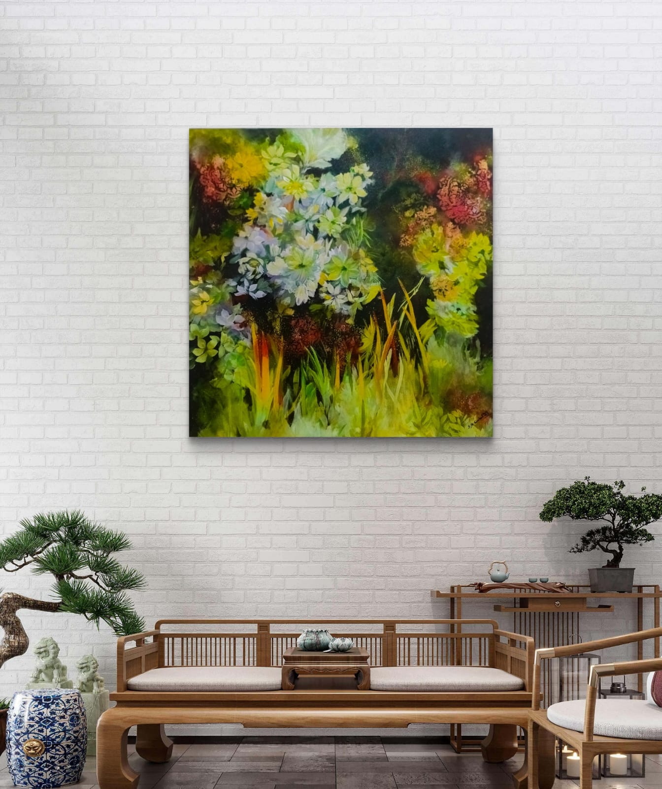 Wall display image forest in night acrylic handmade painting