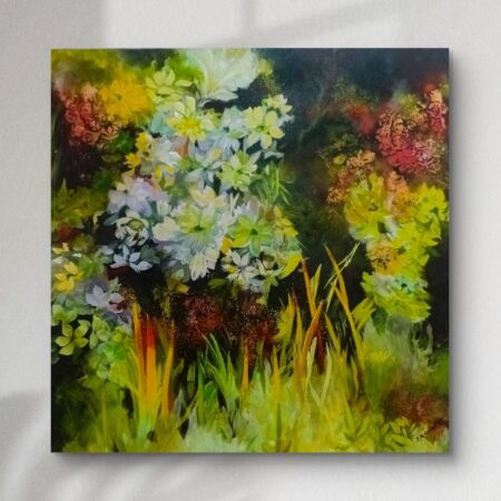 "Original handmade acrylic painting on canvas depicting dark green forest vegetation with dense foliage, abstract freestyle artwork for home or office décor."