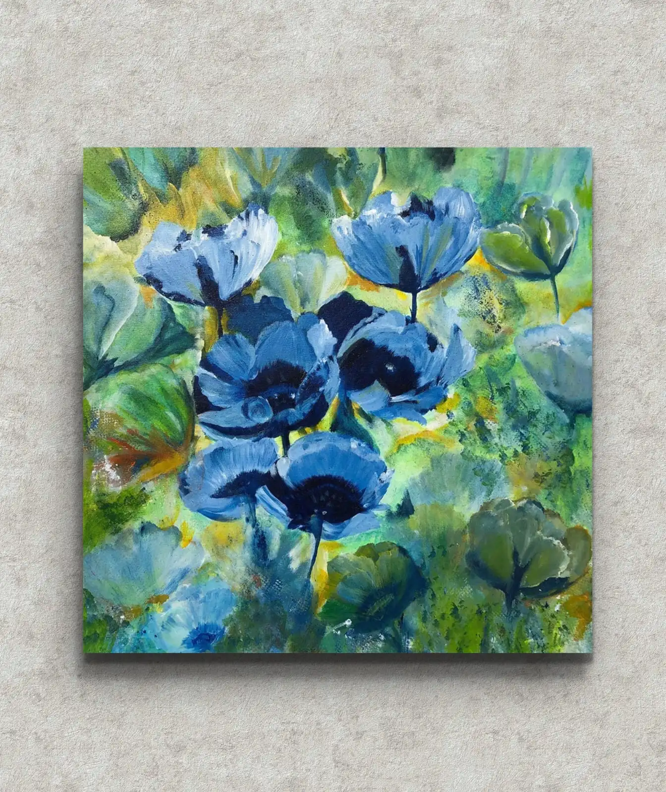 Garden of Blue Poppies original acrylic floral painting with vibrant blue poppy flowers in a green garden.