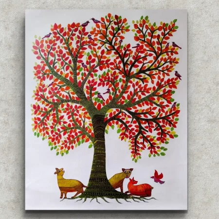 Gond Wildlife Harmony painting showing animals resting under a tree in traditional Gond tribal art style.