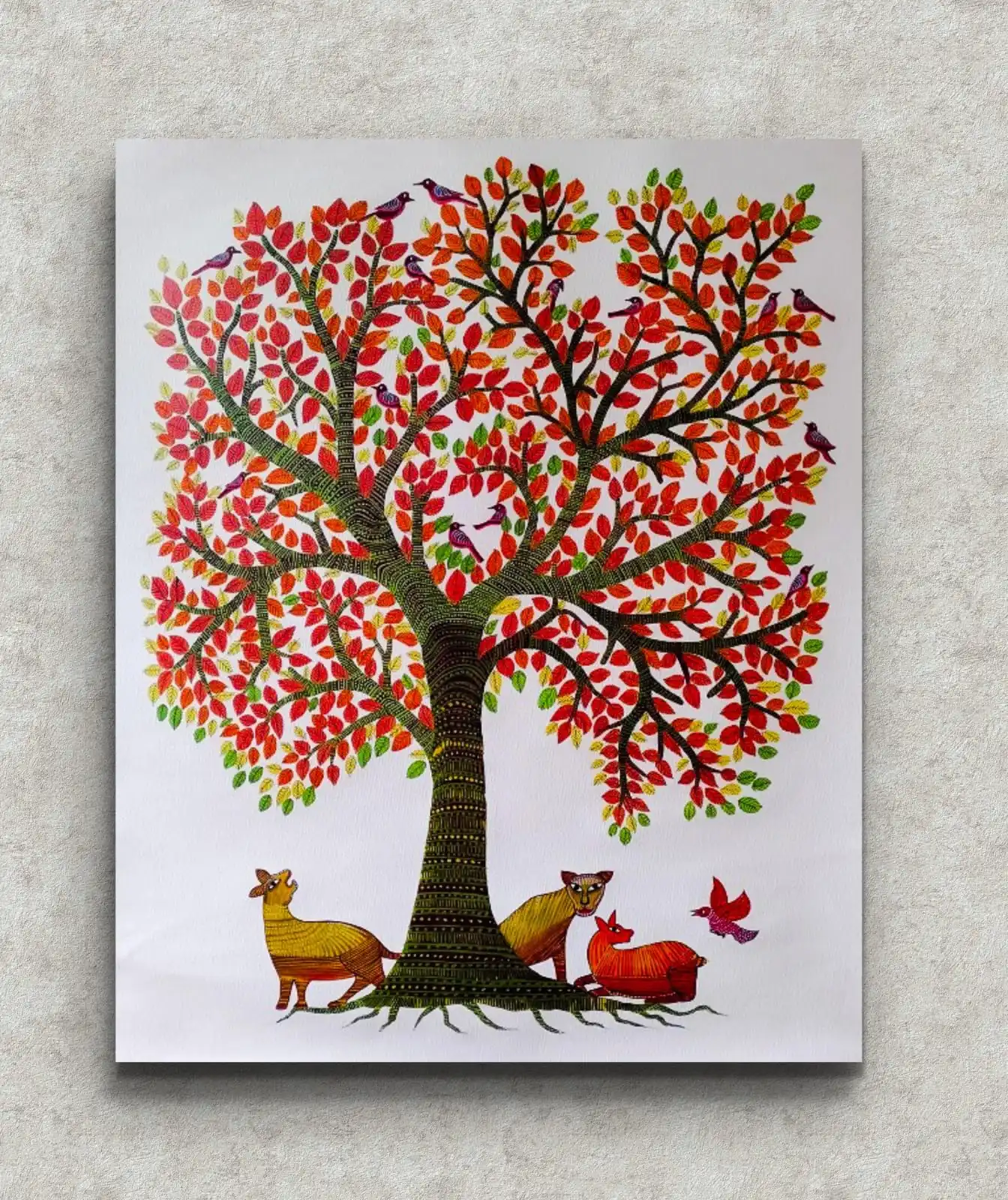 Gond Wildlife Harmony painting showing animals resting under a tree in traditional Gond tribal art style.