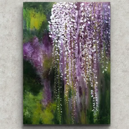 Hanging Wisteria Acrylic Painting with cascading purple wisteria flowers on canvas.