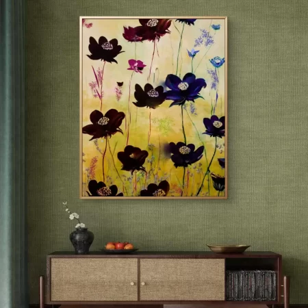 Midnight Blooms floral canvas painting featuring abstract deep purple and blue flowers on a beige background, suitable for home or office décor.