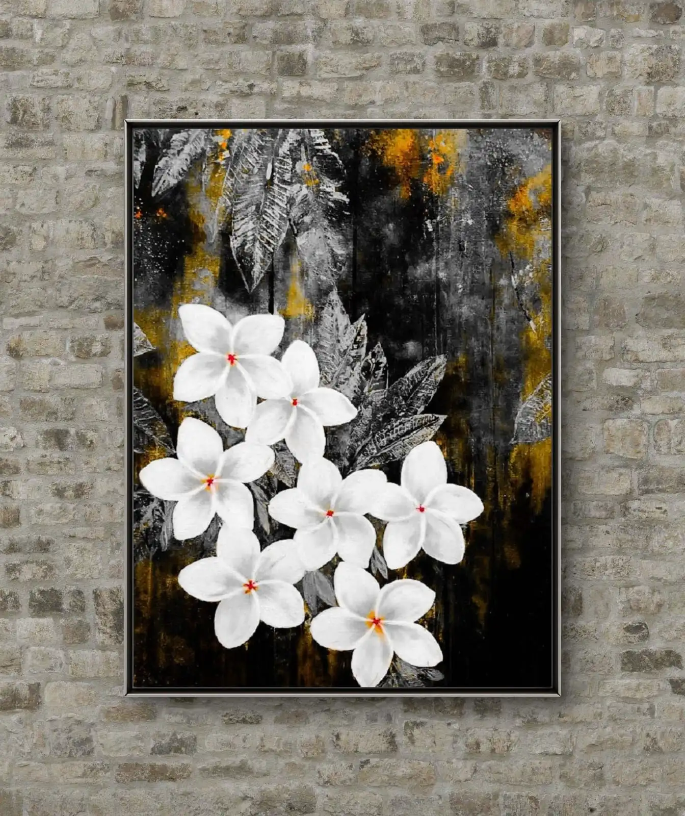 Moonlit Plumeria flower acrylic painting on gray and black canvas background, available framed and unframed