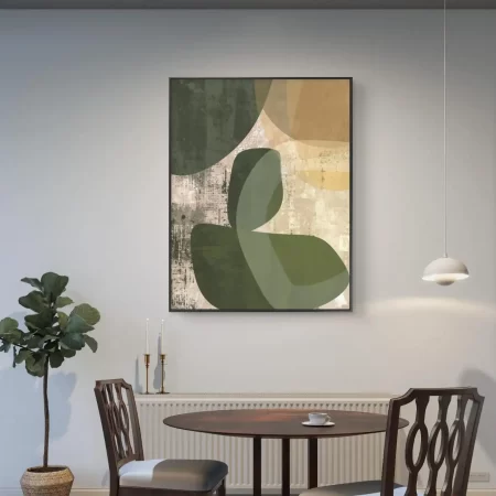 Olive green and beige boho abstract artwork with layered organic shapes and textured earthy background.