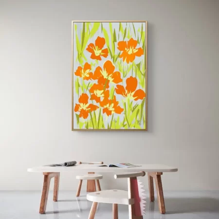 Modern cotton canvas painting of jasmine blossoms with bright leaves