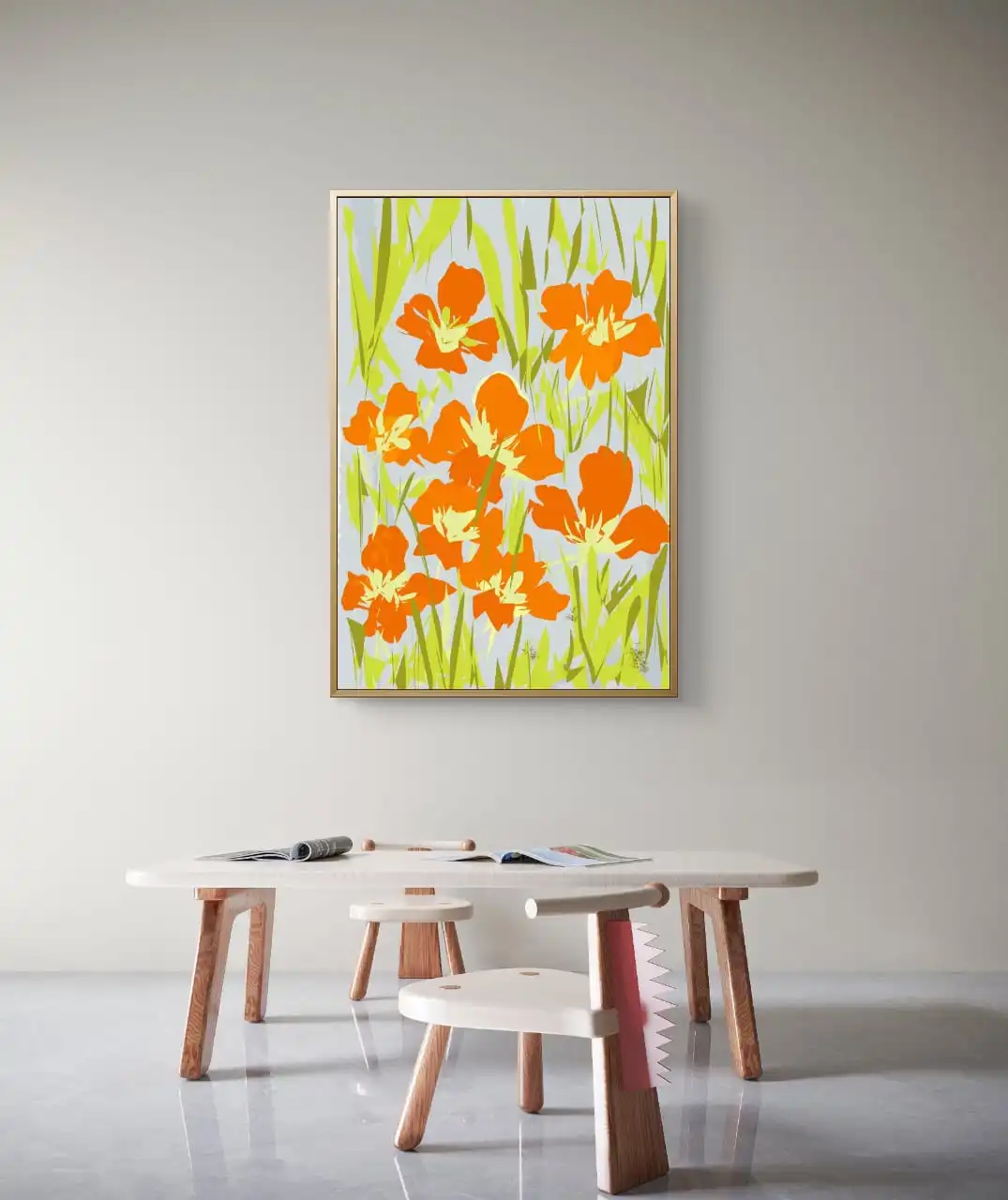 Modern cotton canvas painting of jasmine blossoms with bright leaves