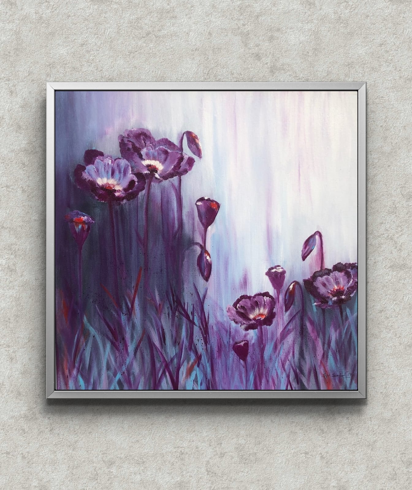 Purple Poppy Garden Painting-I original acrylic artwork with purple poppy flowers.