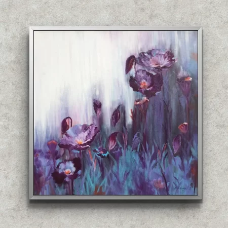 Purple Poppy Garden Artwork original acrylic painting with tall purple poppy flowers on canvas.