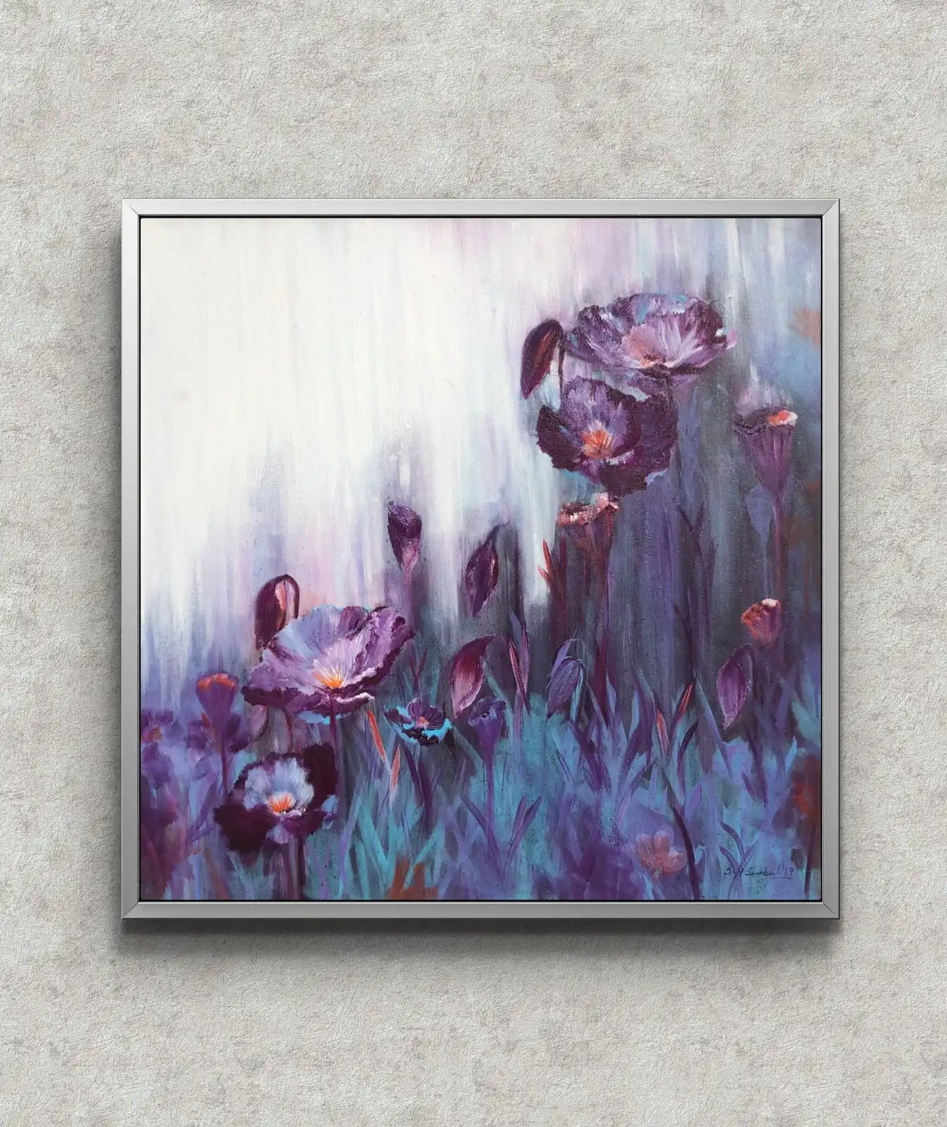 Purple Poppy Garden Artwork original acrylic painting with tall purple poppy flowers on canvas.