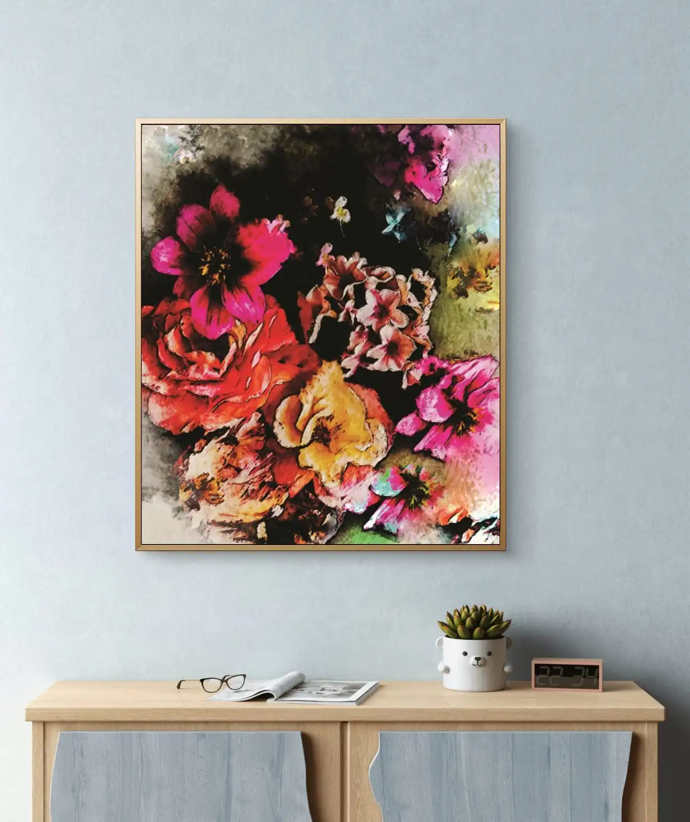 Radiant Peonies – Vibrant floral canvas wall art print with bold pink, orange, and golden peony flowers in expressive style