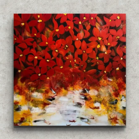 Effort Blossoms into Glory red floral painting with vibrant blooming flowers.